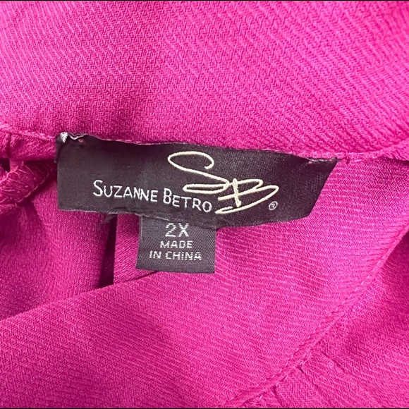 Suzanne Betro / Magenta Lace Trim Mock Neck Trumpet Sleeve Blouse - Picture 5 of 5